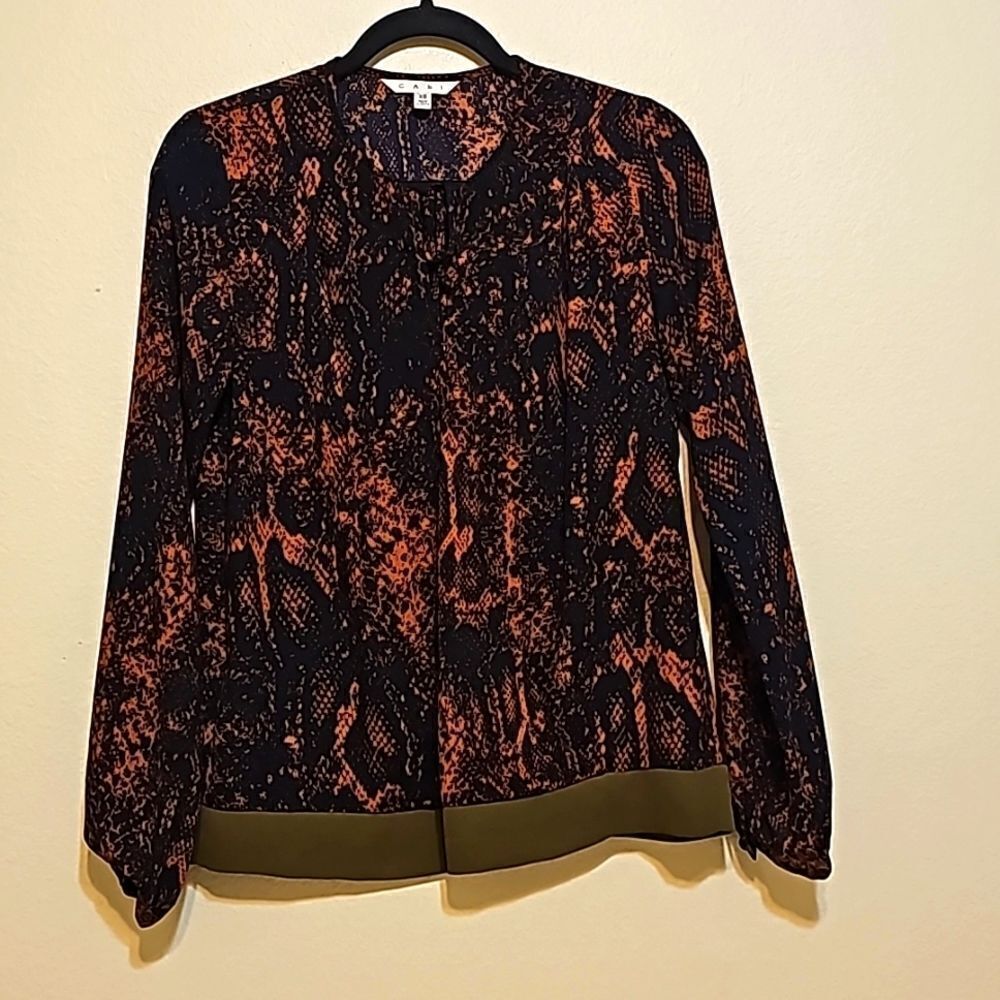 CAbi Womans Blouse Python Snake Print Top Blue Orange Long Sleeves Career xs